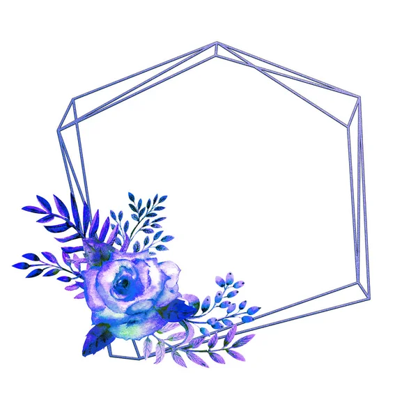 A geometriai keret keretezett kék rózsa virágok egy fehér, elszigetelt háttér. Virág plakát, meghívó. Akvarell kompozíciók üdvözlőlapok vagy meghívók díszítésére. — Stock Fotó