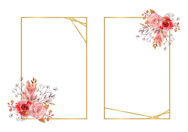 Set van roze aquarel rozen in een rechthoekig gouden frame op een witte geïsoleerde achtergrond. Heldere bloemen, bladeren, voor bruiloft briefpapier, groeten, Behang, mode, achtergrond, textuur, verpakking. — Stockvector
