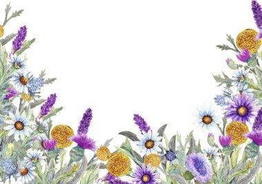 Romantik kalp şeklinde çerçeve. Suluboya daki kır çiçekleri. Çiçeklerle düğün konsepti. Çiçek posteri, davetiye. Tebrik kartı veya davetiye tasarımı için suluboya düzenlemeleri.