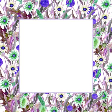 Romantik çerçeve. Suluboya içinde yaban çiçekleri. Çiçekler ile düğün kavramı. Çiçek poster, davetiye. Tebrik kartı veya davetiye tasarımı için suluboya düzenlemeleri.
