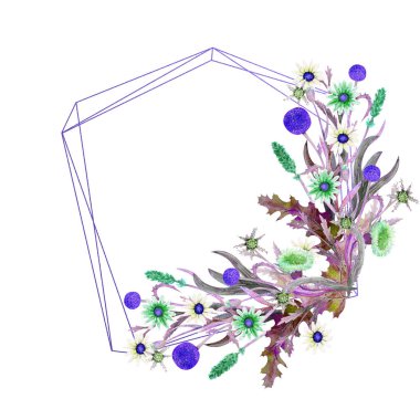Romantik geometrik çerçeve. Suluboya içinde yaban çiçekleri. Çiçekler ile düğün kavramı. Çiçek poster, davetiye. Tebrik kartı veya davetiye tasarımı için suluboya düzenlemeleri.