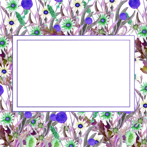 Ρομαντικό πλαίσιο. Αγριολούλουδα σε ακουαρέλα. Γαμήλια ιδέα με λουλούδια. Λουλουδάτη αφίσα, πρόσκληση. Ρυθμίσεις υδατογραφήσεων για Ευχετήρια κάρτα ή σχεδίαση πρόσκλησης. — Φωτογραφία Αρχείου