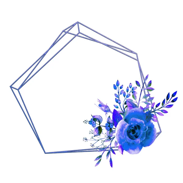 Het geometrische frame is omlijst met blauwe rozenbloemen op een witte geïsoleerde achtergrond. Bloemenposter, uitnodiging. Aquarelcomposities voor de decoratie van wenskaarten of uitnodigingen. — Stockfoto