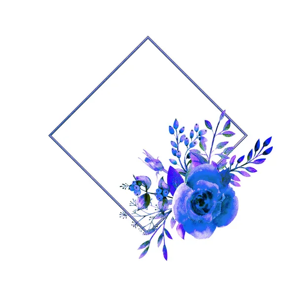 Geometrik çerçeve, beyaz izole bir zemin üzerinde mavi gül çiçekleri ile çerçevelenmiştir. Çiçek posteri, davetiye. Tebrik kartları veya davetiyelerin dekorasyonu için suluboya kompozisyonları. — Stok fotoğraf