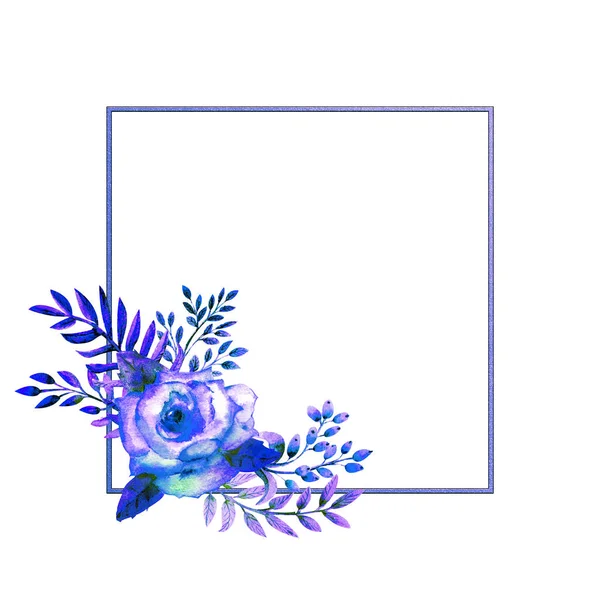 The geometric frame is framed with Blue rose flowers on a white isolated background. Flower poster, invitation. Watercolor compositions for the decoration of greeting cards or invitations. — 스톡 사진