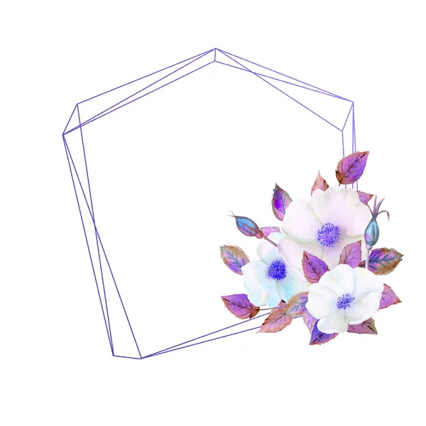 Fehér csipkebogyó virágok, geometriai kék keretben. Virágos poszter, meghívó lila tónusú. Akvarell kompozíciók üdvözlőlapok vagy meghívók díszítésére — Stock Fotó
