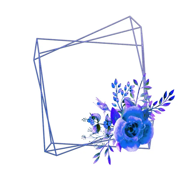 Der geometrische Rahmen ist mit blauen Rosenblüten auf weißem, isoliertem Hintergrund umrahmt. Blumenposter, Einladung. Aquarellkompositionen zur Dekoration von Grußkarten oder Einladungen. — Stockfoto