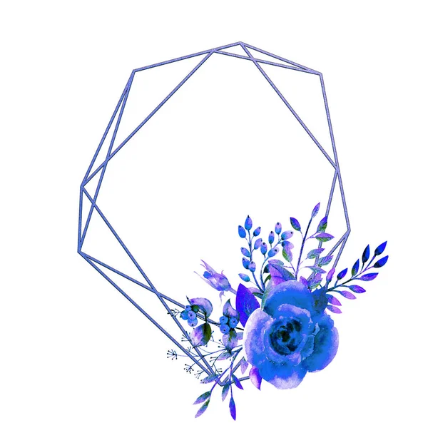 幾何学的なフレームは 白い孤立した背景に青いバラの花で囲まれています 花のポスター招待状グリーティングカードや招待状の装飾のための水彩画の組成 — ストック写真
