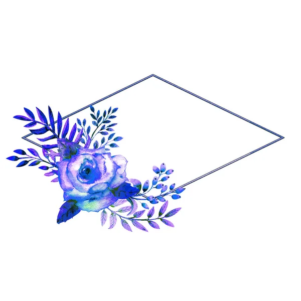 几何框架的框架与蓝色玫瑰花在一个白色孤立的背景 邀请函 用水彩画装饰贺卡或请柬 — 图库照片