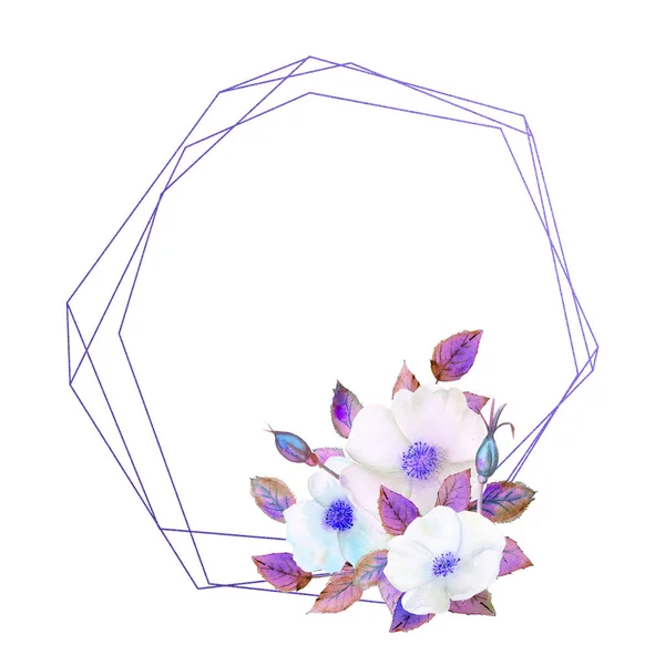 Fehér Csipkebogyó Virágok Geometriai Kék Keretben Virágos Poszter Meghívó Lila — Stock Fotó