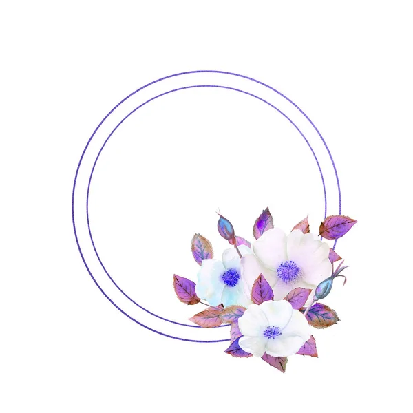 白いバラの花 幾何学的な青のフレーム内の組成 花のポスター 紫色のトーンの招待状 グリーティングカード又は招待状の装飾のための水彩画 — ストック写真