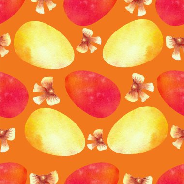 Turuncu arka planda renkli Paskalya yumurtaları. Kusursuz desenler. Suluboya