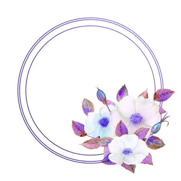 Flores brancas de rosa mosqueta, uma composição em uma moldura azul geométrica. Cartaz floral, convite em tons roxos. Composições de aquarela para a decoração de cartões ou convites — Fotografia de Stock