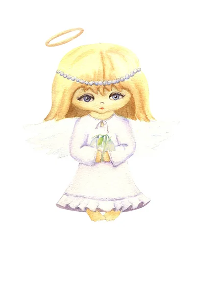 Mignon petit ange fille avec les yeux ouverts dans le style de dessin animé. Clipart sur fond blanc isolé. Illustration aquarelle — Photo