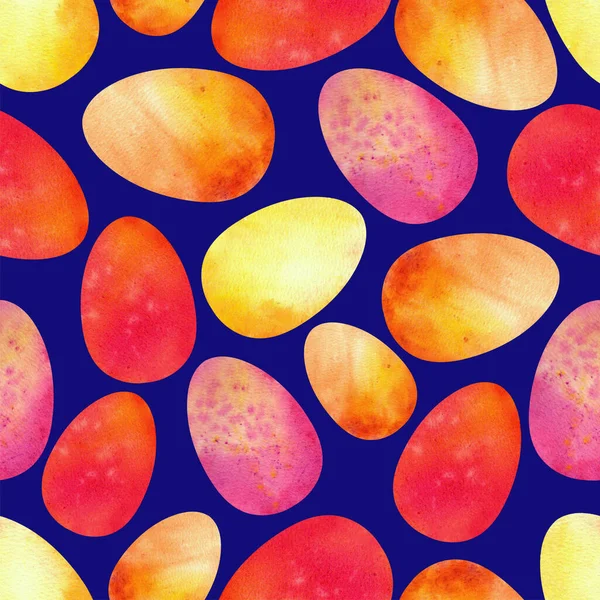 Uova di Pasqua colorate su sfondo blu. Modelli senza soluzione di continuità. Acquerello — Foto Stock