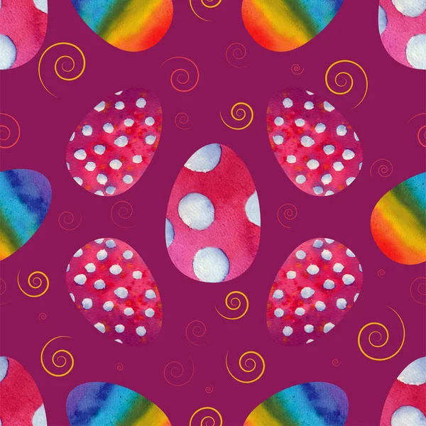 Huevos de Pascua de colores sobre un fondo lila. Patrones sin costuras. Acuarela — Foto de Stock