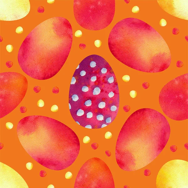 Uova di Pasqua variopinte su uno sfondo arancione. Modelli senza soluzione di continuità. Acquerello — Foto Stock