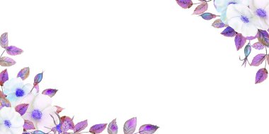 Beyaz gül çiçeği, geometrik çerçevede çiçek aranjmanı. Çiçek posteri, mor tonlu davetiye. Tebrik kartları veya davetiyelerin dekorasyonu için suluboya kompozisyonları.