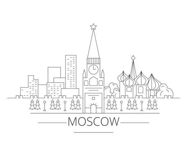 Buildings of the city of Moscow. Kremlin, St. Basil s Cathedral, at home. Linear art.