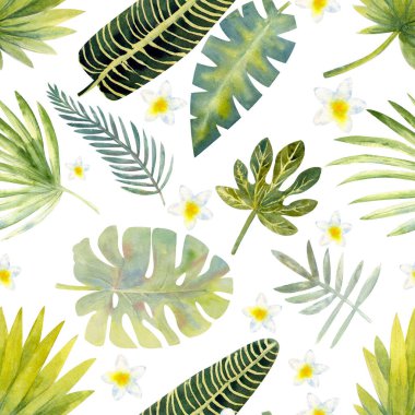 Egzotik tropik yapraklar. Beyaz yalıtılmış arka planda kusursuz desen. Moda plajı sanat baskısı Duvar kağıdı