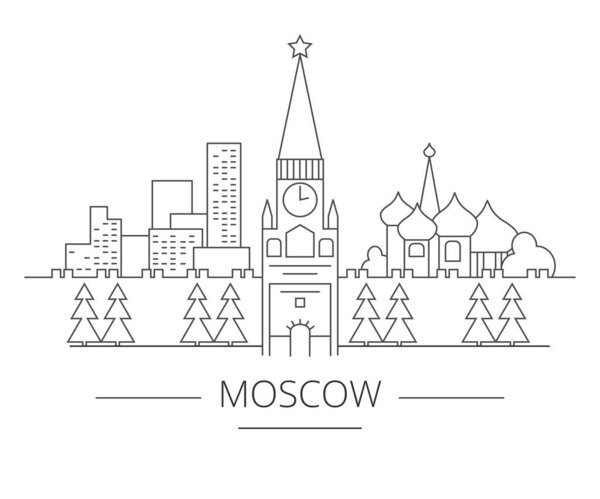 Buildings of the city of Moscow. Kremlin, St. Basil's Cathedral, at home. Linear art.