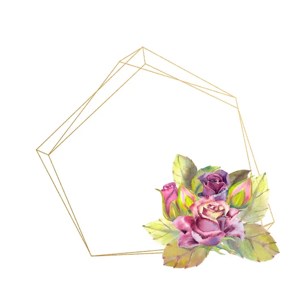 Blüten Aus Dunklen Rosen Grünen Blättern Komposition Einem Geometrischen Goldrahmen — Stockfoto