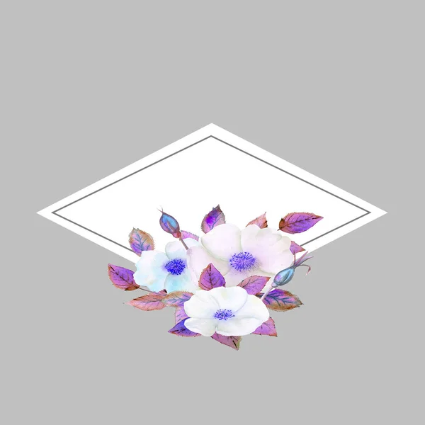 Beyaz Gül Çiçeği Geometrik Mavi Çerçeveli Bir Kompozisyon Çiçek Posteri — Stok fotoğraf