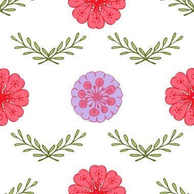 Karalama tarzında beyaz izole bir arka planda çiçek ve yapraklarla kusursuz bir desen. Vektör illüstrasyonu