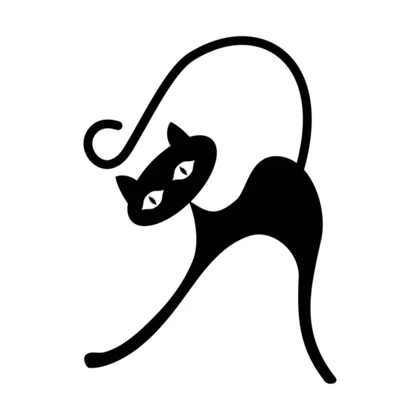 Un gatto nero stilizzato si allunga. Immagine in bianco e nero su sfondo bianco isolato. Illustrazione vettoriale — Vettoriale Stock