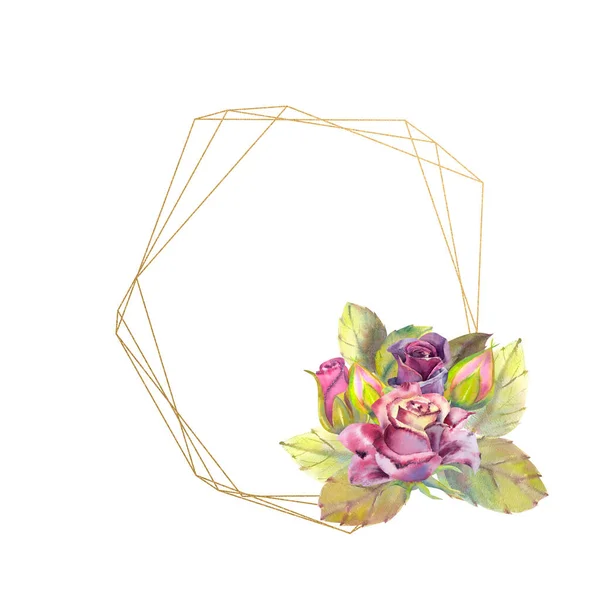 Λουλούδια από σκούρα τριαντάφυλλα, πράσινα φύλλα, σύνθεση σε γεωμετρικό χρυσό πλαίσιο. Η έννοια των γαμήλιων λουλουδιών. Υδατοχρωματικές συνθέσεις για το σχεδιασμό ευχετήριων καρτών ή προσκλήσεων — Φωτογραφία Αρχείου