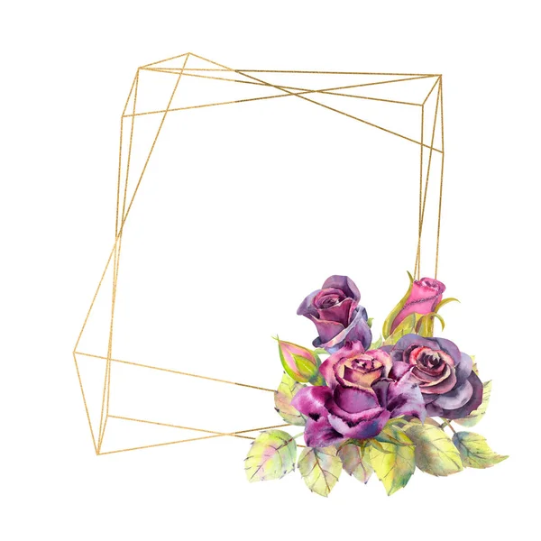 Blüten aus dunklen Rosen, grünen Blättern, Komposition in einem geometrischen Goldrahmen. Das Konzept der Hochzeitsblumen. Aquarellkompositionen für die Gestaltung von Grußkarten oder Einladungen — Stockfoto
