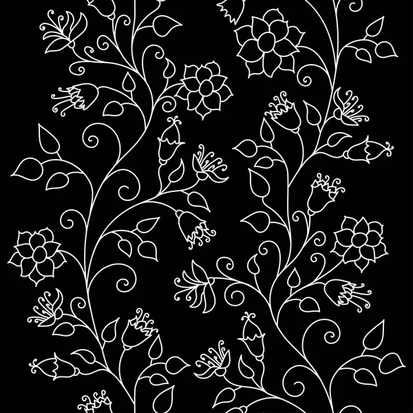 花柄。野の花。黒の背景にシームレスなパターンホワイトアウトライン — ストックベクタ