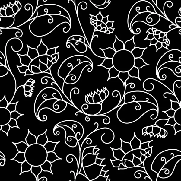 Motif floral. Tournesols. Modèle sans couture contour blanc sur un fond noir — Image vectorielle