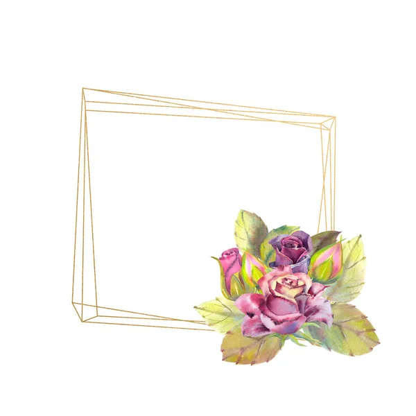花黑色的玫瑰 构图在一个几何的金框 婚花的概念 用于贺卡或邀请函设计的水彩画 — 图库照片