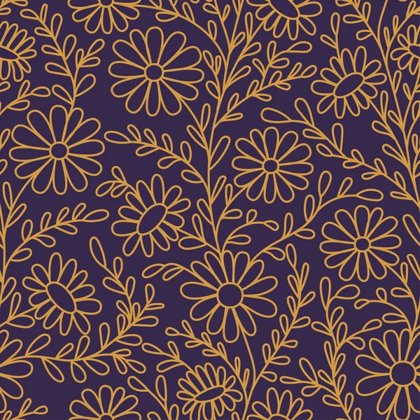 Floral Pattern Chamomiles Seamless Pattern Gold Outline Purple Background — Stock Vector