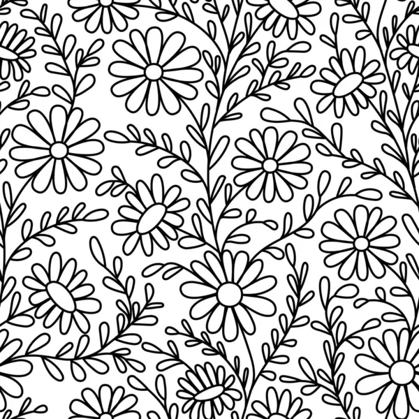 Σχέδιο Λουλουδιού Χαμομήλι Μαύρο Περίγραμμα Χωρίς Ραφή Λευκό Απομονωμένο Φόντο — Διανυσματικό Αρχείο