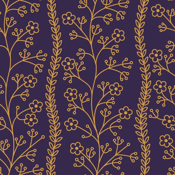 Цветочный Узор Дикие Цветы Бесшовный Рисунок Золотой Контур Фиолетовом Фоне — стоковый вектор