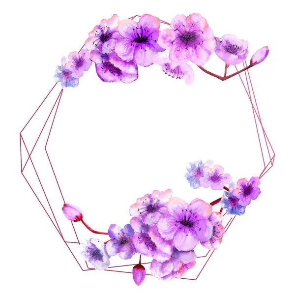 Cseresznyevirág Cseresznyevirág Világos Rózsaszín Virágokkal Geometrikus Keretben Elszigetelt Fehér Háttérrel — Stock Fotó