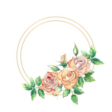 Çiçeklerle süslenmiş altın geometrik çerçeve. Şeftali gülleri, yeşil yapraklar, açık ve kapalı çiçekler. Suluboya çizimi.