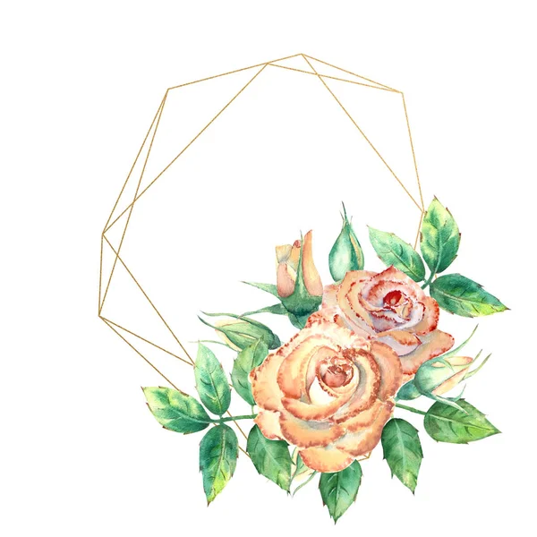 Goldener Geometrischer Rahmen Mit Blumen Verziert Pfirsichrosen Grüne Blätter Offene — Stockfoto