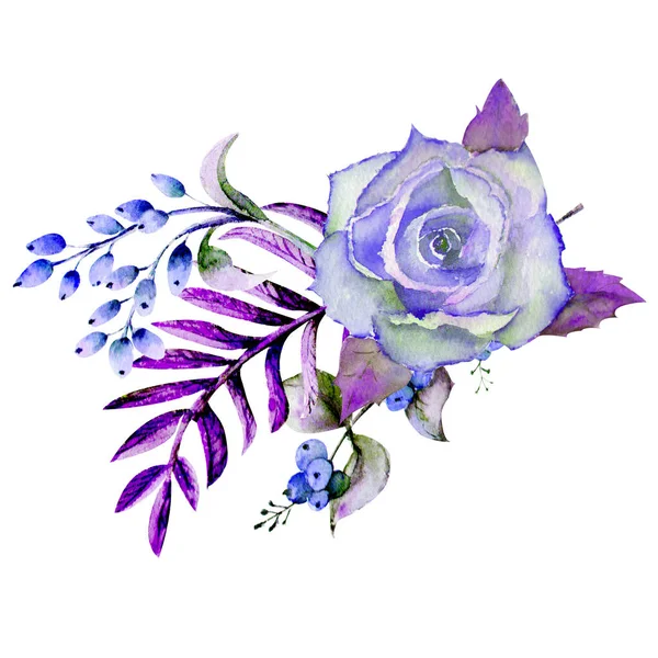 Két Csokor Rózsa Levelek Bogyók Dekoratív Gallyak Esküvői Koncepció Virágokkal — Stock Fotó