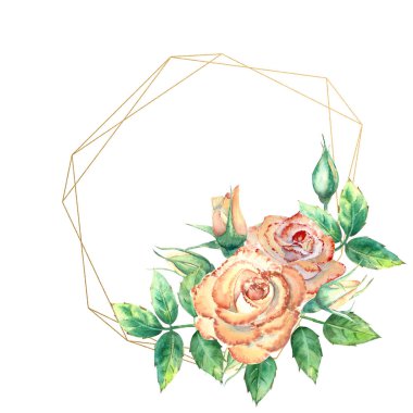 Çiçeklerle süslenmiş altın geometrik çerçeve. Şeftali gülleri, yeşil yapraklar, açık ve kapalı çiçekler. Suluboya çizimi.