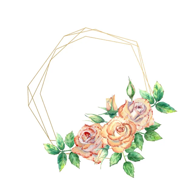 Arany geometrikus keret díszített virágok. Barack rózsák, zöld levelek, nyitott és zárt virágok. Akvarell illusztráció — Stock Fotó