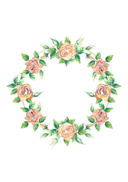 Gold geometric frame decorated with flowers. Peach roses, green leaves, open and closed flowers. Watercolor illustration — Stock Photo, Image