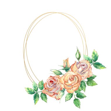 Çiçeklerle süslenmiş altın geometrik çerçeve. Şeftali gülleri, yeşil yapraklar, açık ve kapalı çiçekler. Suluboya çizimi