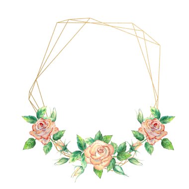 Çiçeklerle süslenmiş altın geometrik çerçeve. Şeftali gülleri, yeşil yapraklar, açık ve kapalı çiçekler. Suluboya çizimi
