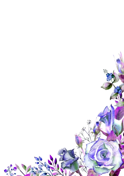 Rahmen mit Rosen, Blättern, Beeren, dekorativen Zweigen. Hochzeitskonzept mit Blumen. Aquarellkomposition in Blautönen für Grußkarten oder Einladungen — Stockfoto