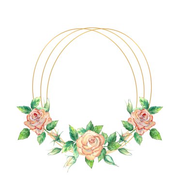 Çiçeklerle süslenmiş altın geometrik çerçeve. Şeftali gülleri, yeşil yapraklar, açık ve kapalı çiçekler. Suluboya çizimi.