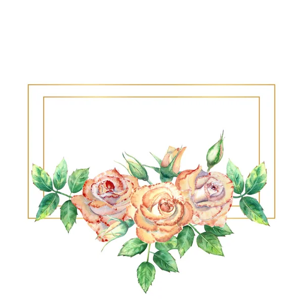 Gold Geometric Frame Decorated Flowers Peach Roses Green Leaves Open — Stock Photo, Image