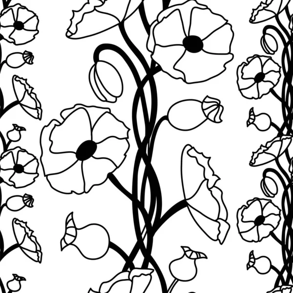 Floral Διακοσμητικό Μοτίβο Μακί Μαύρο Μοτίβο Χωρίς Ραφή Λευκό Απομονωμένο — Διανυσματικό Αρχείο